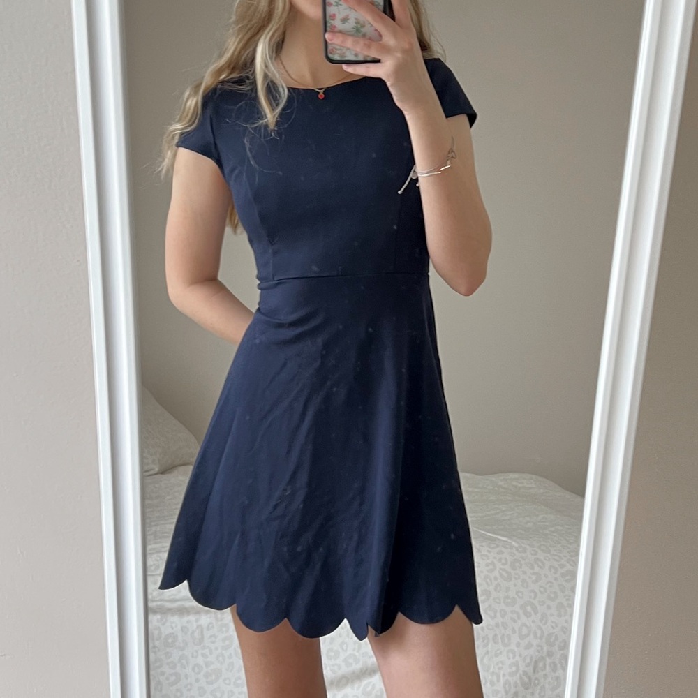 Lulu’s Navy Blue Scallop Trim Short Sleeve Skater Dress